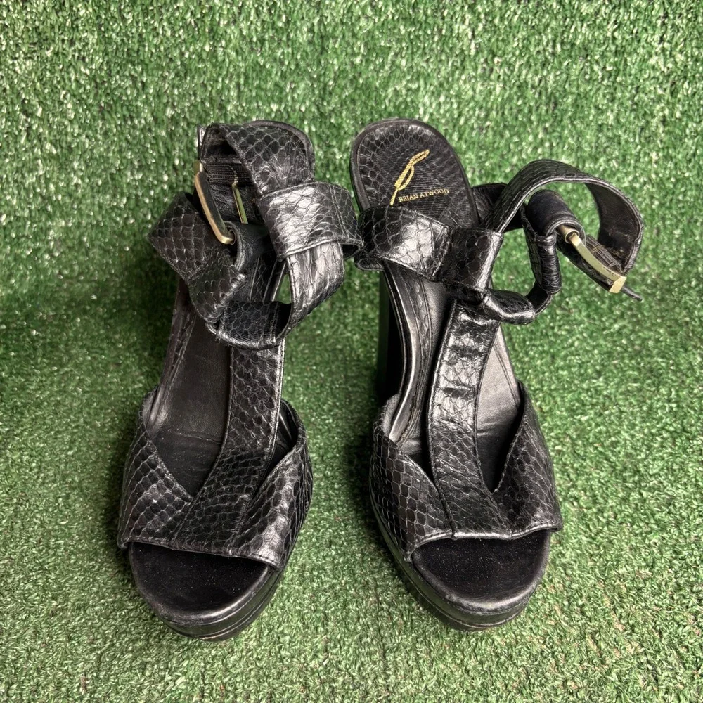 Brian Atwood Beaumont Snakeskin Platform Ankle Strap Sandals Black Womens Size 8
